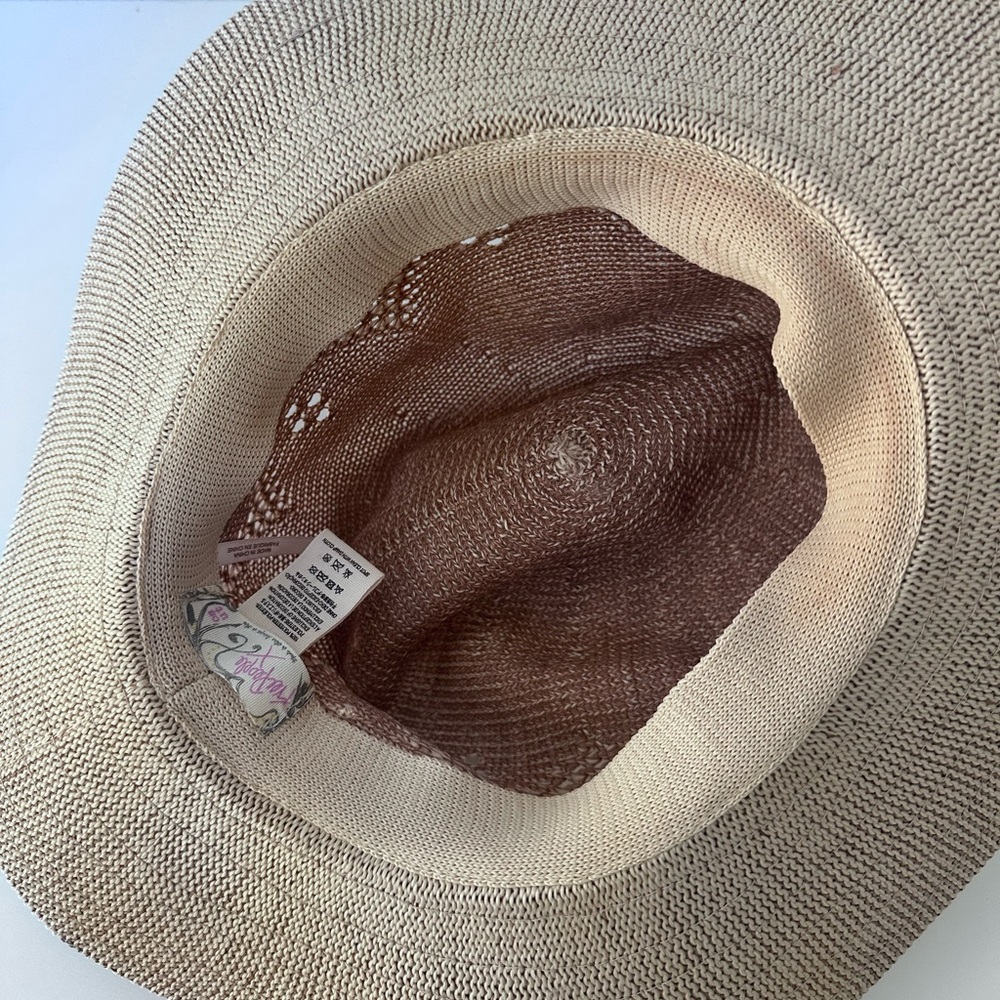 Free People Packable Knit Crochet Beige Fedora Wide Brim Boho Festival Beach Hat - Picture 6 of 7